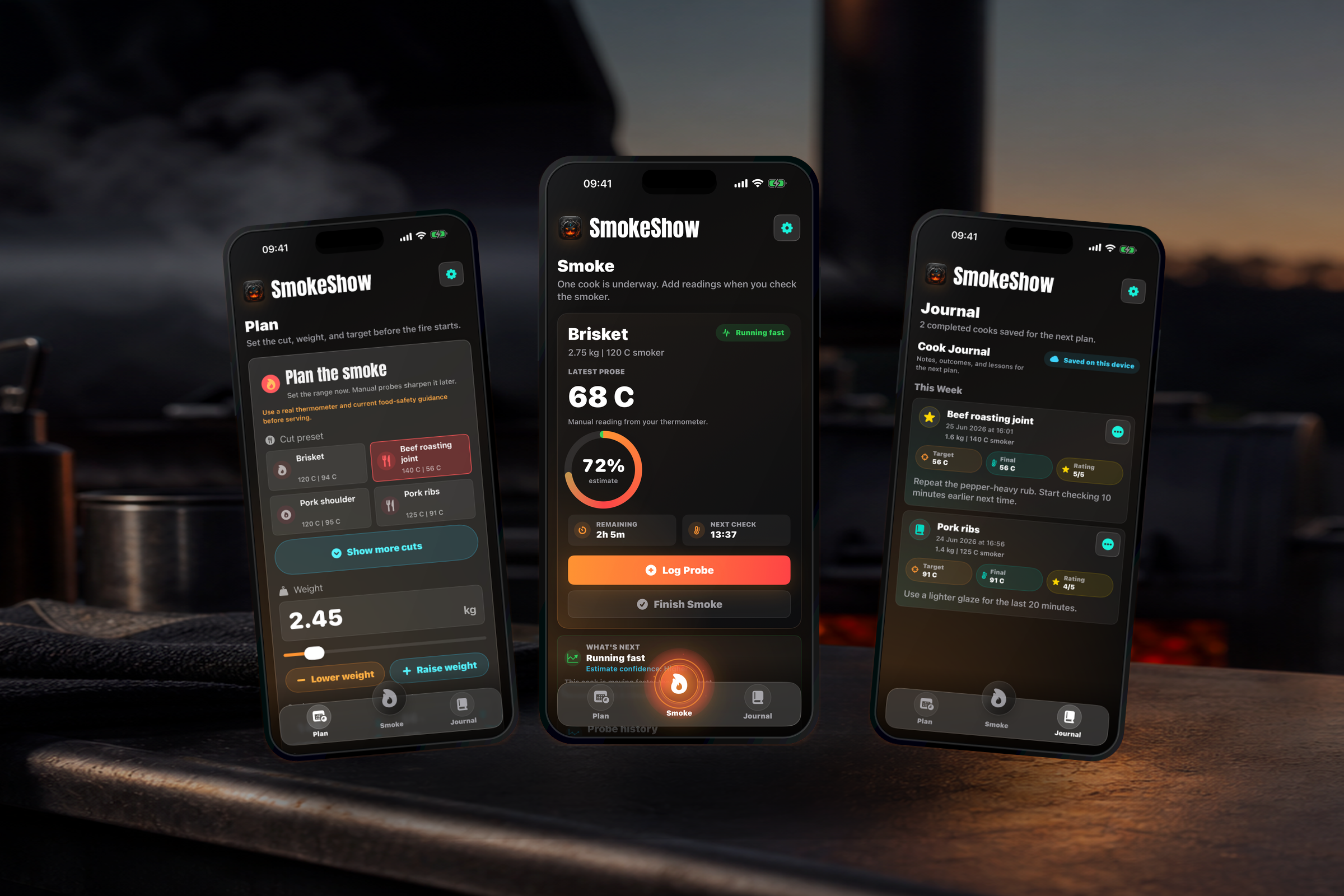 SmokeShow Plan, Smoke and Journal screens shown together in iPhone device mockups